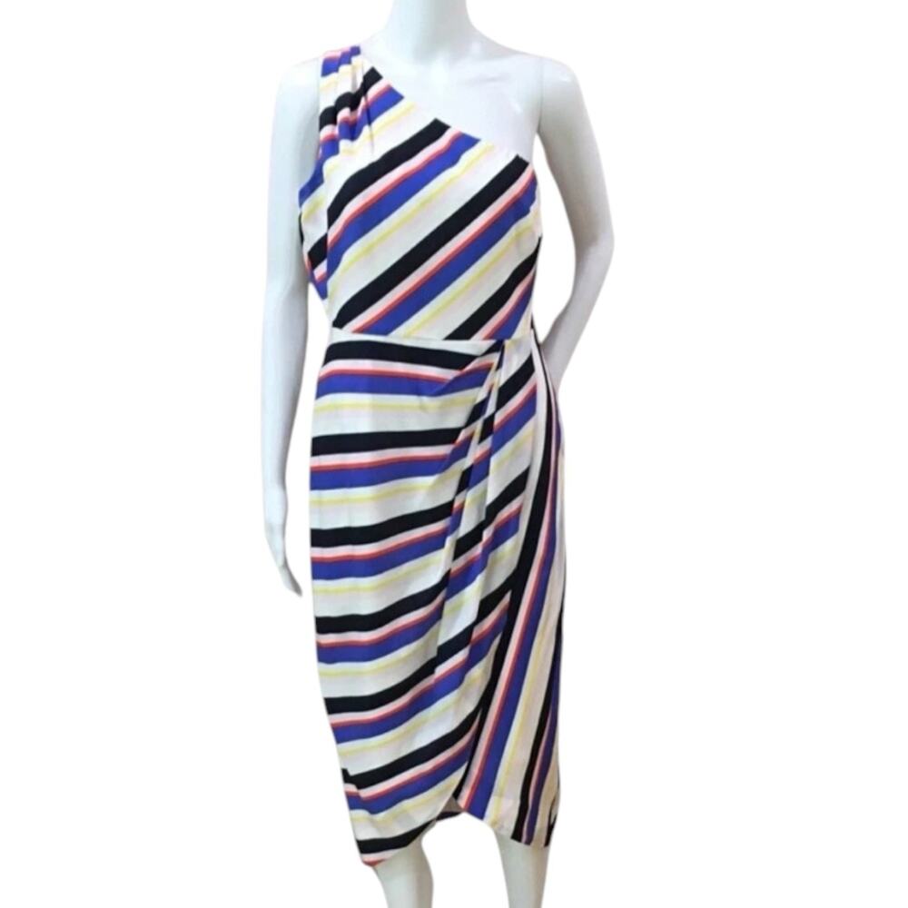 J. Crew One Shoulder Multicolor Stripe Silk Tulip Hem Midi Dress Size 6
